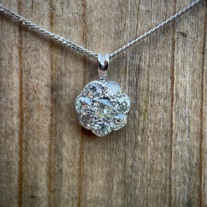 Antique 1.3CT Old Cut Diamond Daisy Pendant Charm & Chain 18" White Gold