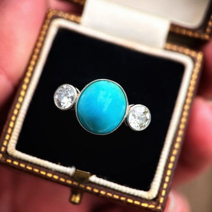 Platinum Art Deco Antique Sugarloaf Turquoise & Old Cut Diamond Three Stone Ring