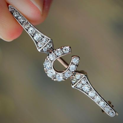Antique Gold & Silver 1.00ct Old Cut Diamond Equestrian HorseShoe Brooch Bar Pin