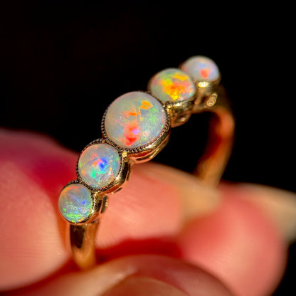 18CT Gold antique fiery crystal Opal five stone half hoop milgrain set ring