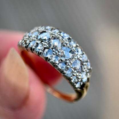 18ct Gold & Silver Antique Georgian 2.1ct Old Rose Cut Diamond Triple Row Ring