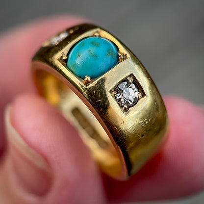 18CT Gold Antique Victorian Turquoise Old Cut Diamond 3 Stone Gypsy Ring 15.8g
