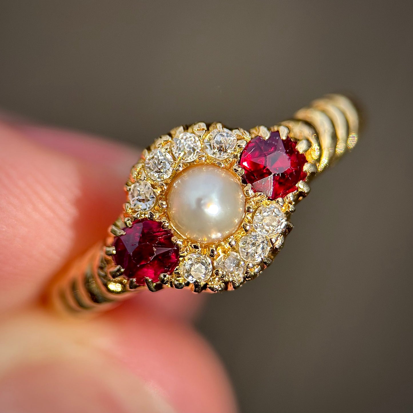 18ct Gold Antique Victorian Ruby Pearl & old cut diamond Cluster Ring
