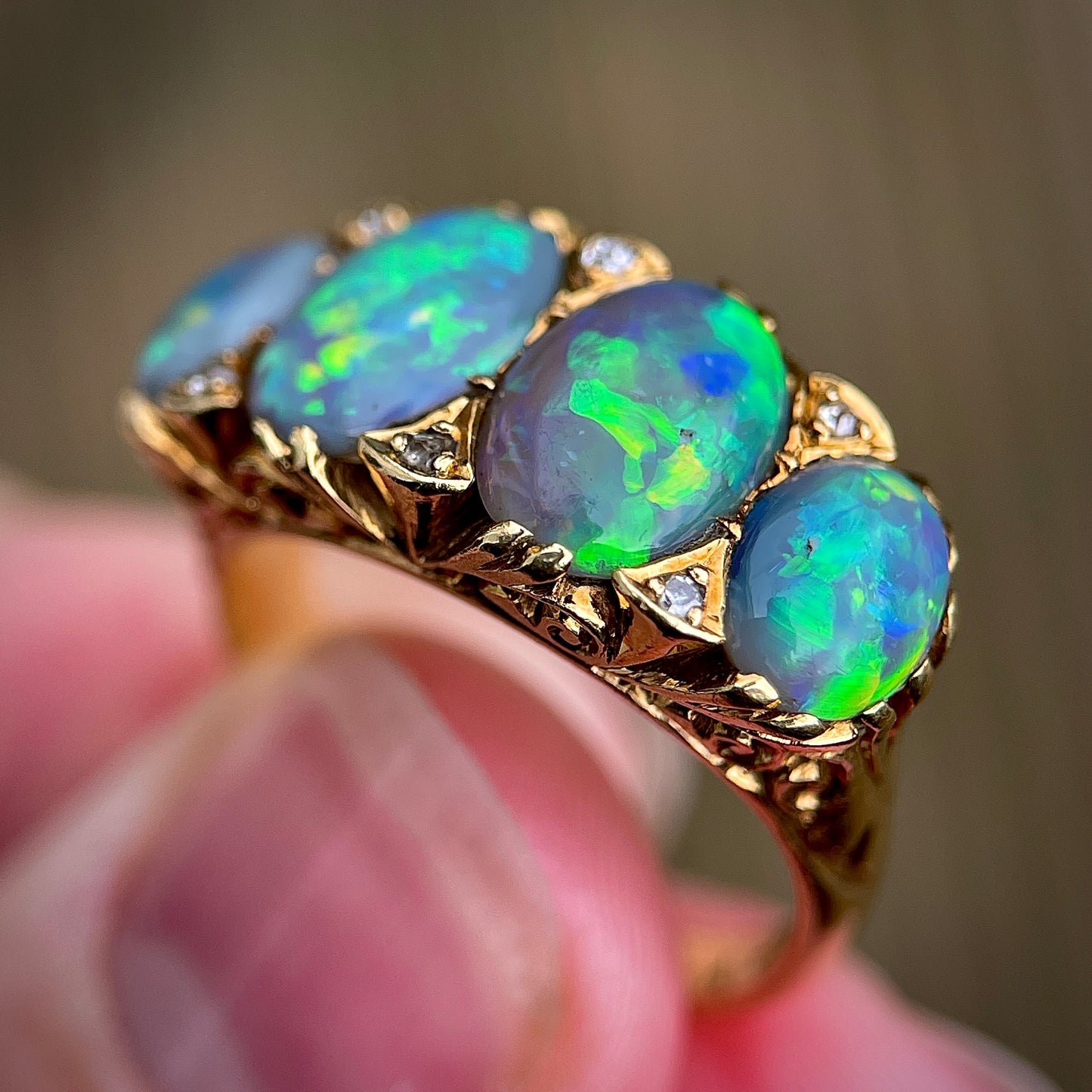 18CT Gold Large Antique Victorian Black Crystal Opal & Old Cut Diamond Ring