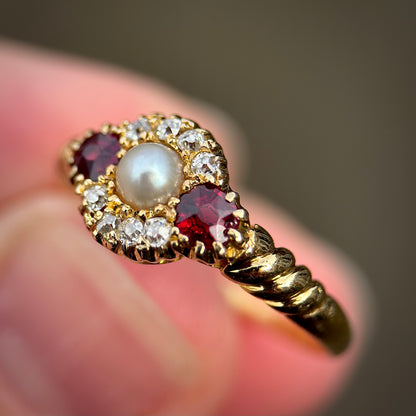 18ct Gold Antique Victorian Ruby Pearl & old cut diamond Cluster Ring