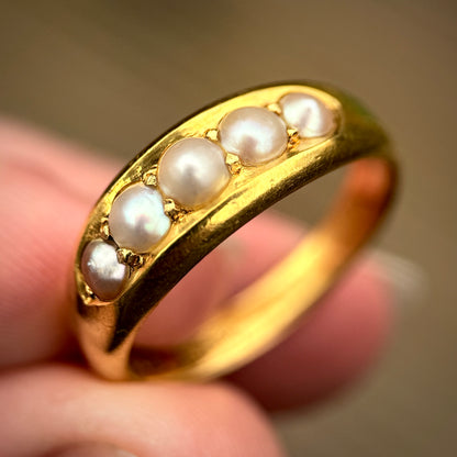 Heavy 18CT Gold Antique Pearl five stone half hoop gypsy ring 7.4g Size R 1/2