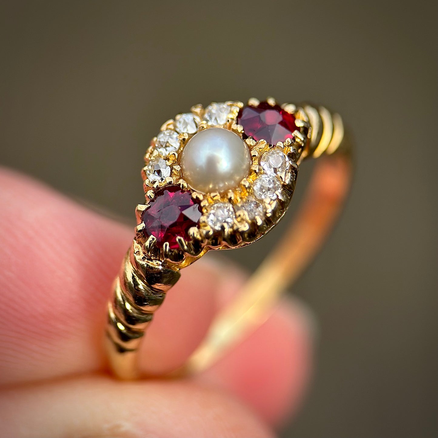 18ct Gold Antique Victorian Ruby Pearl & old cut diamond Cluster Ring
