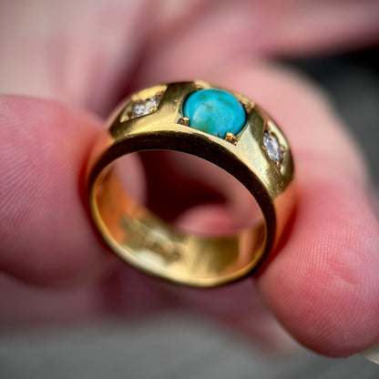 18CT Gold Antique Victorian Turquoise Old Cut Diamond 3 Stone Gypsy Ring 15.8g