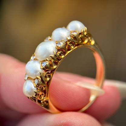HUGE 18CT Gold Antique Pearl & old cut diamond five stone half hoop ring 7.8g