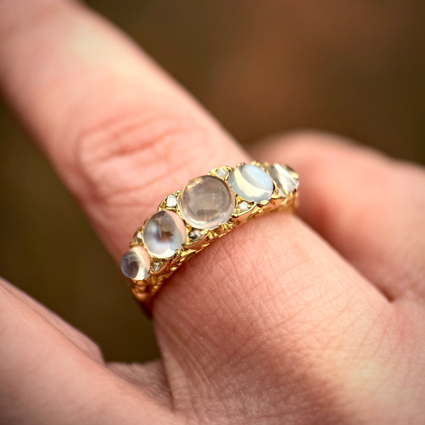 *RESERVED* + resize to a P 18ct Gold Antique Fully Hallmarked Moonstone & Old Cut Diamond Half Hoop Ring