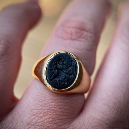 *RESERVED* + RESIZE to J 1/2 UK 18ct Gold Antique Victorian Lion Intaglio Solitaire Signet Ring HEAVY 9.3g