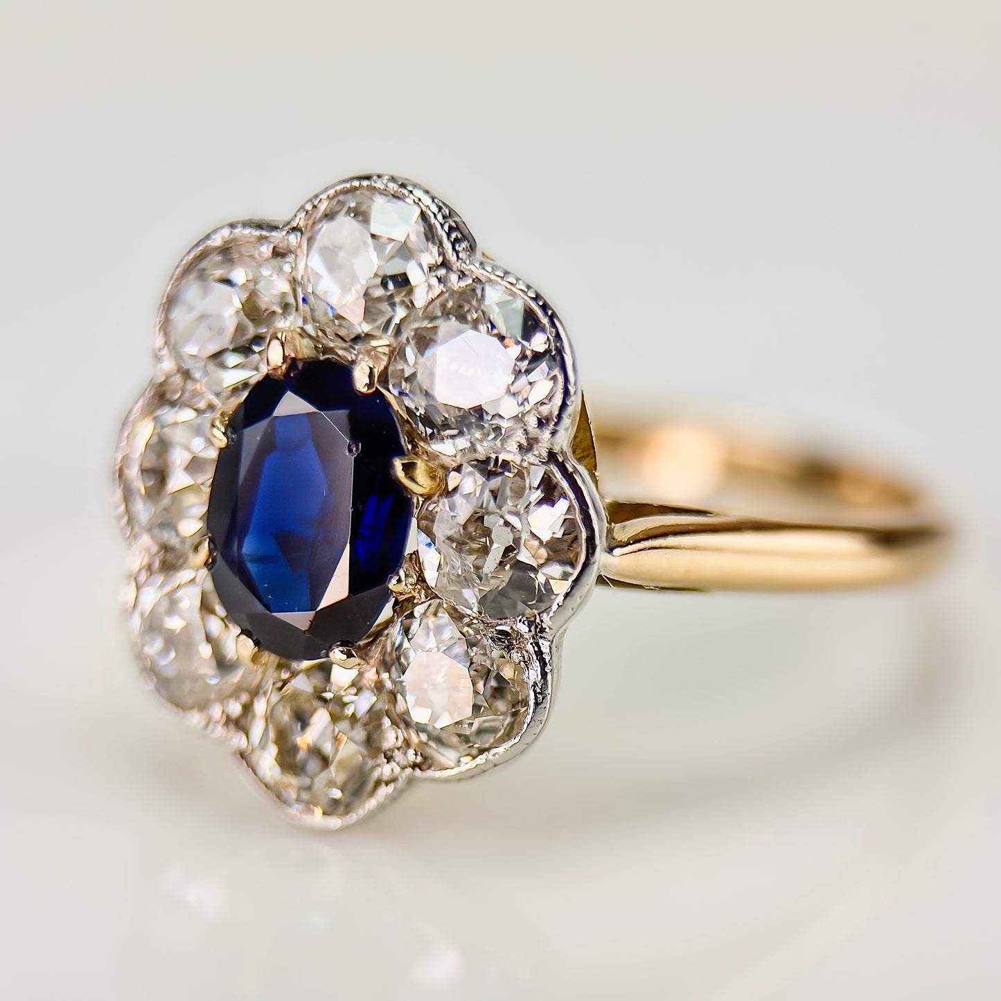 18ct Gold Plat Antique Edwardian Old Cut Diamond & Sapphire Daisy Cluster Ring