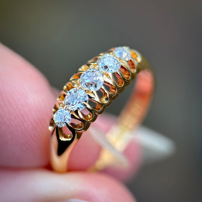 18ct Gold 0.40CT Antique Fully Hallmarked Old Cut Diamond Five Stone Ring Size N