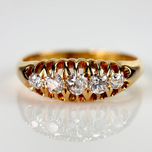 18ct Gold 0.40CT Antique Fully Hallmarked Old Cut Diamond Five Stone Ring Size N