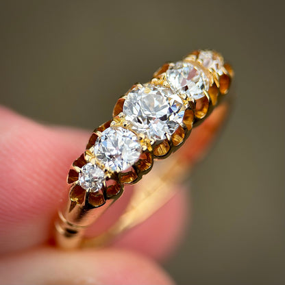 18ct Gold 0.87ct Antique Fully Hallmarked Old Cut Diamond Five Stone Ring