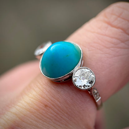 Platinum Art Deco Antique Sugarloaf Turquoise & Old Cut Diamond Three Stone Ring