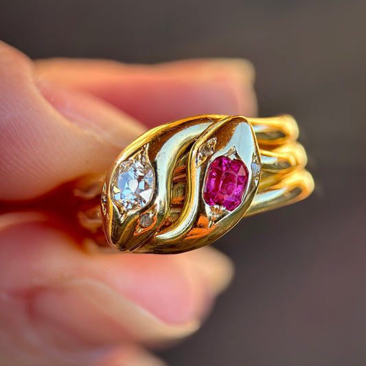 *Reserved on Layaway payment 2* 18ct gold antique old cut diamond & ruby double headed snake ring