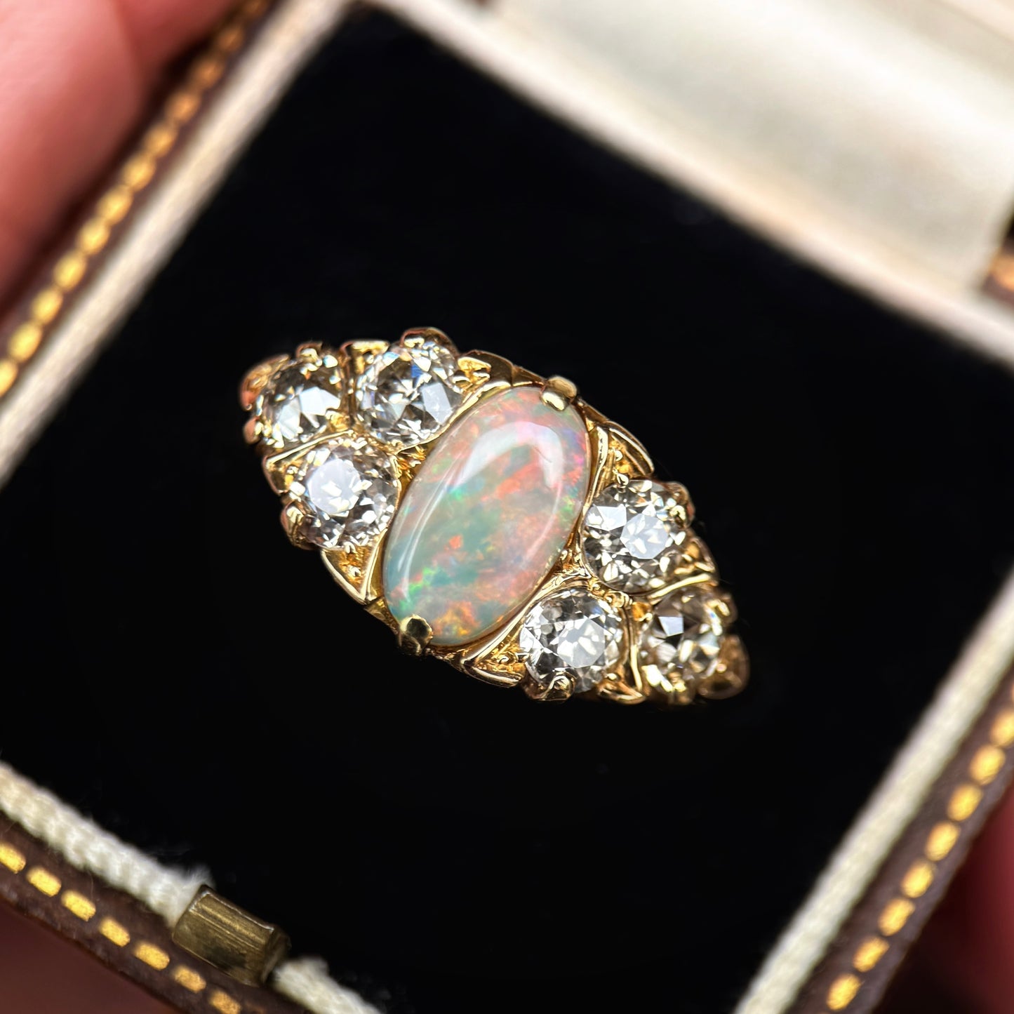 18CT Gold Antique Victorian Black Crystal Dark Opal 1.2ct Old Cut Diamond Ring