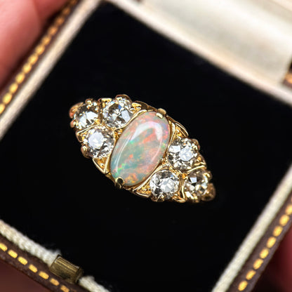18CT Gold Antique Victorian Black Crystal Dark Opal 1.2ct Old Cut Diamond Ring