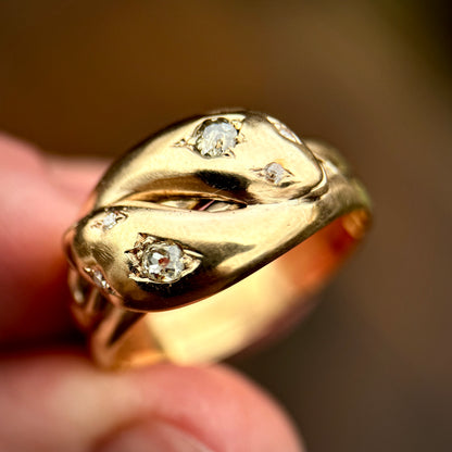 18CT Gold Antique Fully Hallmarked Victorian Old Cut Diamond Snake Ring 8.2g