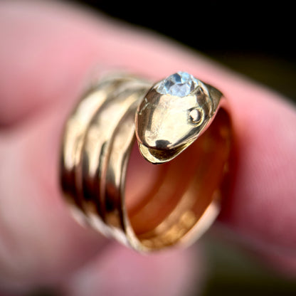 18CT Gold Antique Victorian 0.30ct Old Cut Diamond Snake Ring 9.7 grams