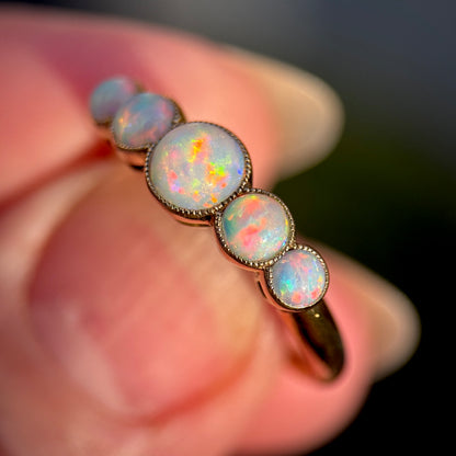 18CT Gold antique fiery crystal Opal five stone half hoop milgrain set ring