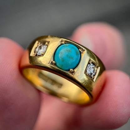 18CT Gold Antique Victorian Turquoise Old Cut Diamond 3 Stone Gypsy Ring 15.8g