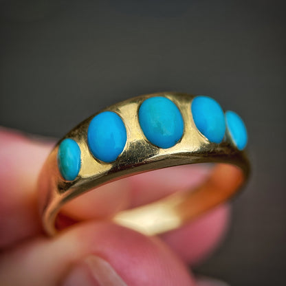 18ct Gold Antique Victorian Turquoise 5 Stone Gypsy Ring size S1 /2 HEAVY 6.8g
