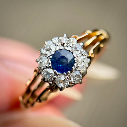 18CT Gold Antique 0.25ct Sapphire & 0.32ct Old Cut Diamond Cluster Ring