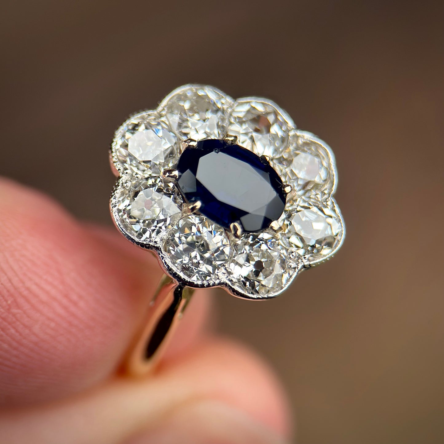 18ct Gold Plat Antique Edwardian Old Cut Diamond & Sapphire Daisy Cluster Ring