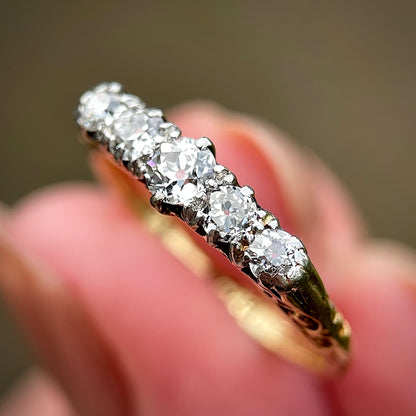 18ct Gold Antique Old Cut Diamond Five Stone Ring Size K 1/2
