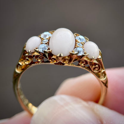 18CT Gold Antique Edwardian (1907) Angel Skin Coral & Old Cut Diamond Ring