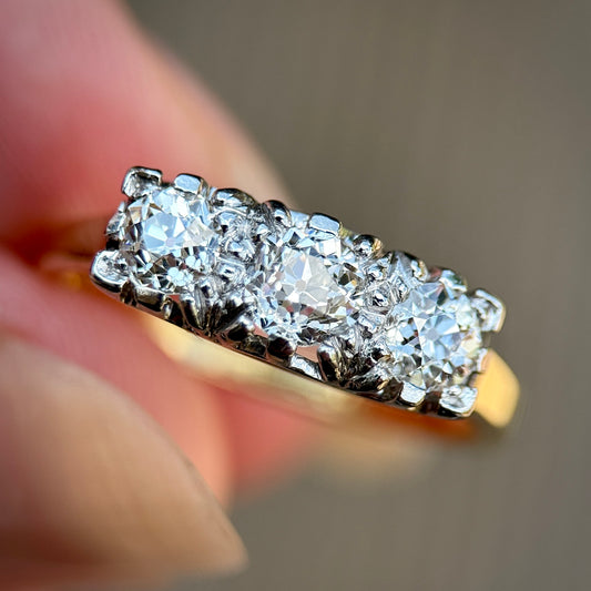18ct Gold & Platinum Antique 0.90ct Old Cut Diamond Three Stone Trilogy Ring