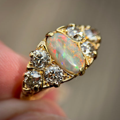 18CT Gold Antique Victorian Black Crystal Dark Opal 1.2ct Old Cut Diamond Ring