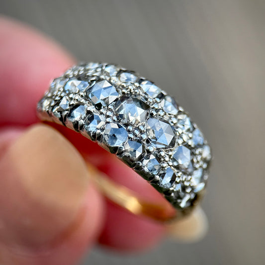 18ct Gold & Silver Antique Georgian 2.1ct Old Rose Cut Diamond Triple Row Ring