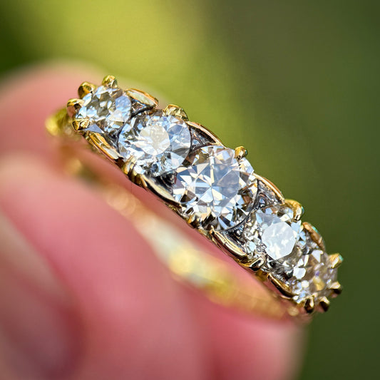 18ct Gold 1.55ct Antique Old Cut Diamond Five Stone Ring Size O 1/2