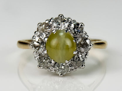 18CT Gold Antique Edwardian Cats Eye Chrysoberyl & Old Cut Diamond Cluster Ring