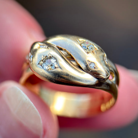 18CT Gold Antique Fully Hallmarked Victorian Old Cut Diamond Snake Ring 8.2g