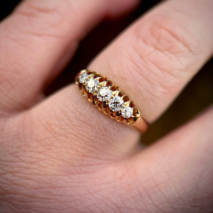18ct Gold 0.40CT Antique Fully Hallmarked Old Cut Diamond Five Stone Ring Size N