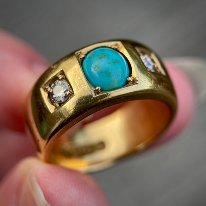 18CT Gold Antique Victorian Turquoise Old Cut Diamond 3 Stone Gypsy Ring 15.8g