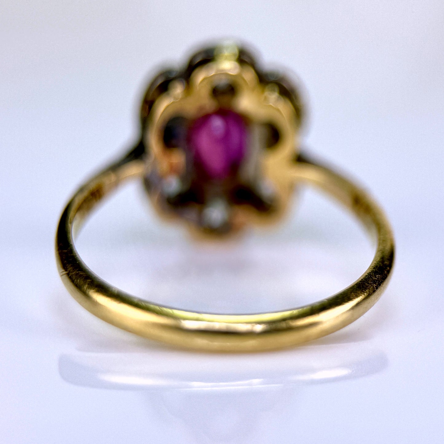 18ct Gold Plat Antique Edwardian Old Cut Diamond & Ruby Daisy Cluster Ring