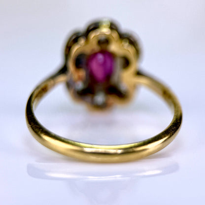 18ct Gold Plat Antique Edwardian Old Cut Diamond & Ruby Daisy Cluster Ring