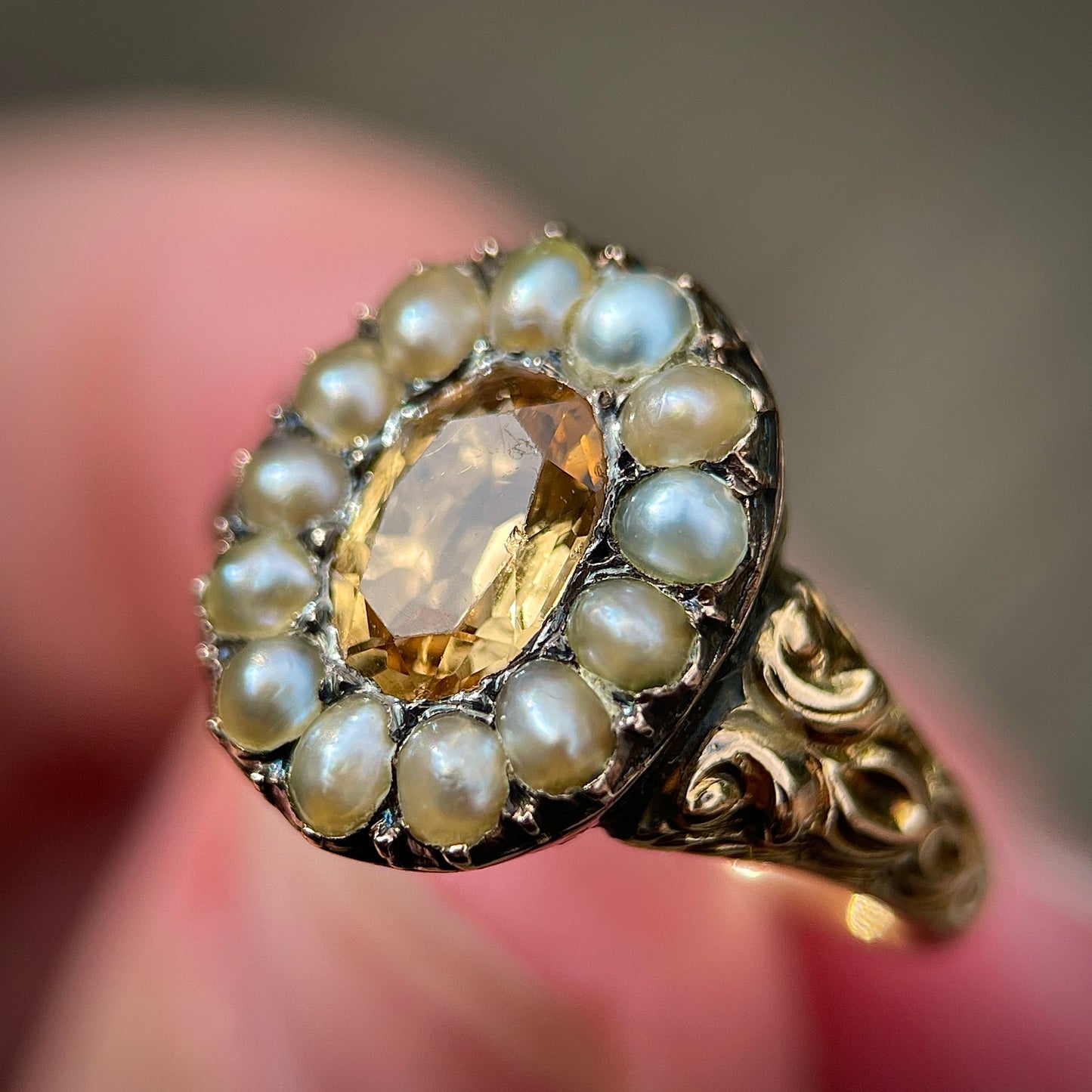 Antique Georgian Chased 15ct Gold Imperial Golden Topaz and Seed Pearl Ring