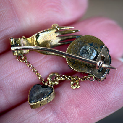 15ct Gold Antique Georgian early Victorian Hand Heart Key Mourning brooch lace pin