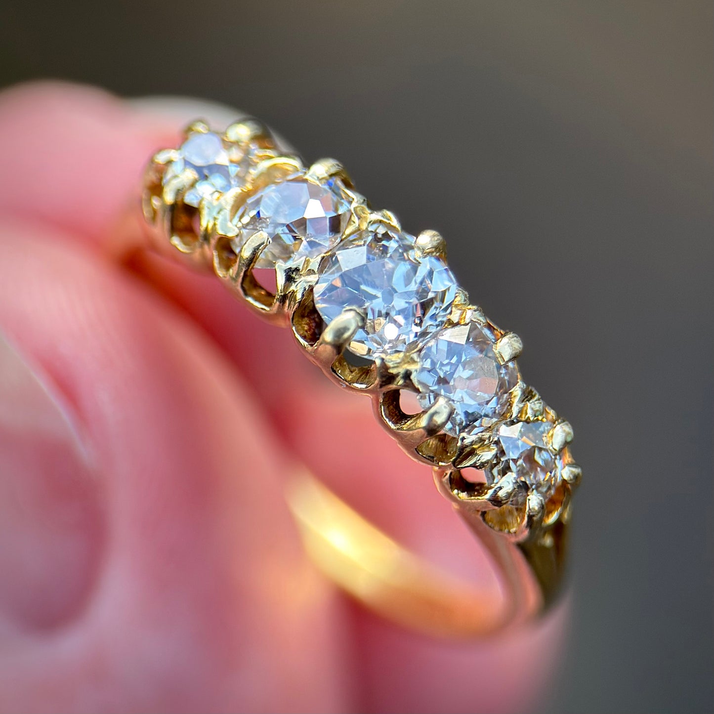 18ct Gold Antique 1.15ct Old Cut Diamond Five Stone Half Hoop Ring Size O