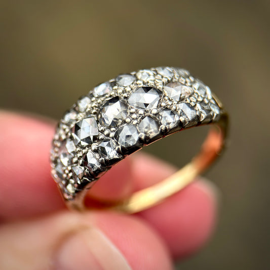 18ct Gold & Silver Antique Georgian 2.1ct Old Rose Cut Diamond Triple Row Ring