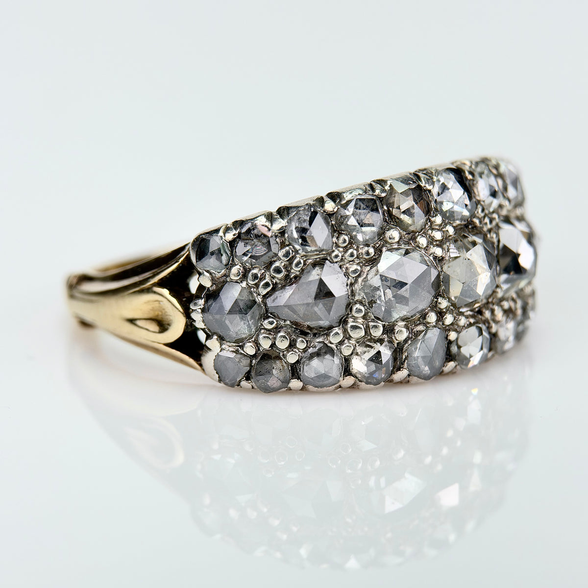 18ct Gold & Silver Antique Georgian 2.1ct Old Rose Cut Diamond Triple Row Ring