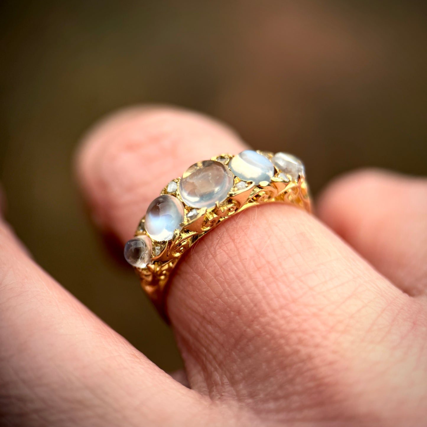 *RESERVED* + resize to a P 18ct Gold Antique Fully Hallmarked Moonstone & Old Cut Diamond Half Hoop Ring