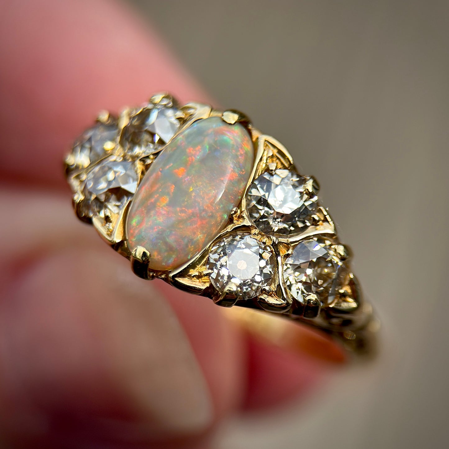 18CT Gold Antique Victorian Black Crystal Dark Opal 1.2ct Old Cut Diamond Ring