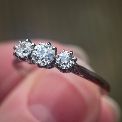 Platinum Antique 0.735ct Old Cut Diamond Three Stone Trilogy Ring size R